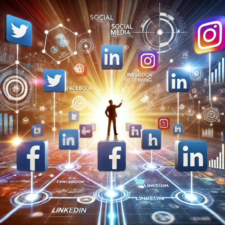 A dynamic and modern illustration of various social media platforms like Instagram, Facebook, LinkedIn, and Twitter interconnected by Geniale Marketing