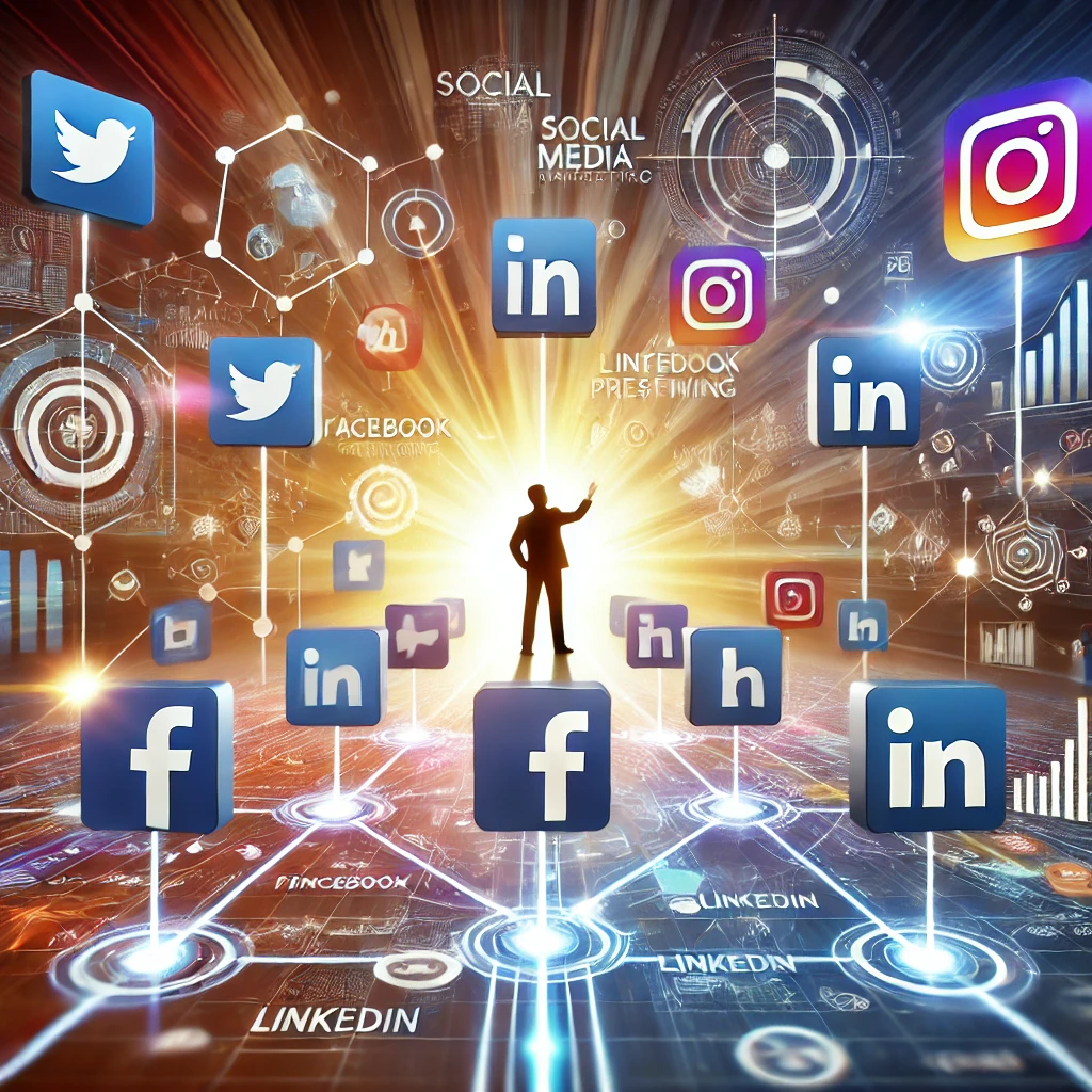 A dynamic and modern illustration of various social media platforms like Instagram, Facebook, LinkedIn, and Twitter interconnected by Geniale Marketing