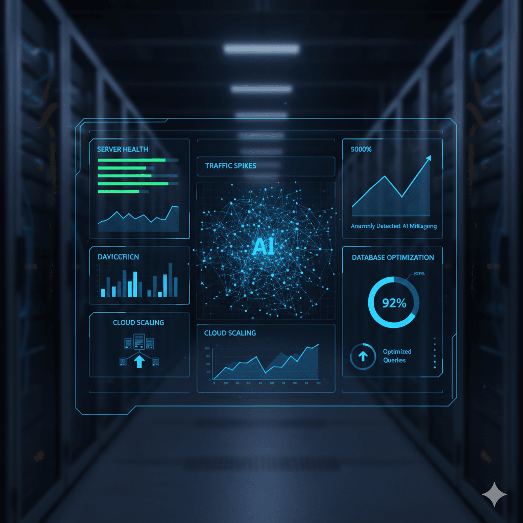 AI-driven server dashboard monitoring traffic spikes, database performance, and cloud scaling optimization.