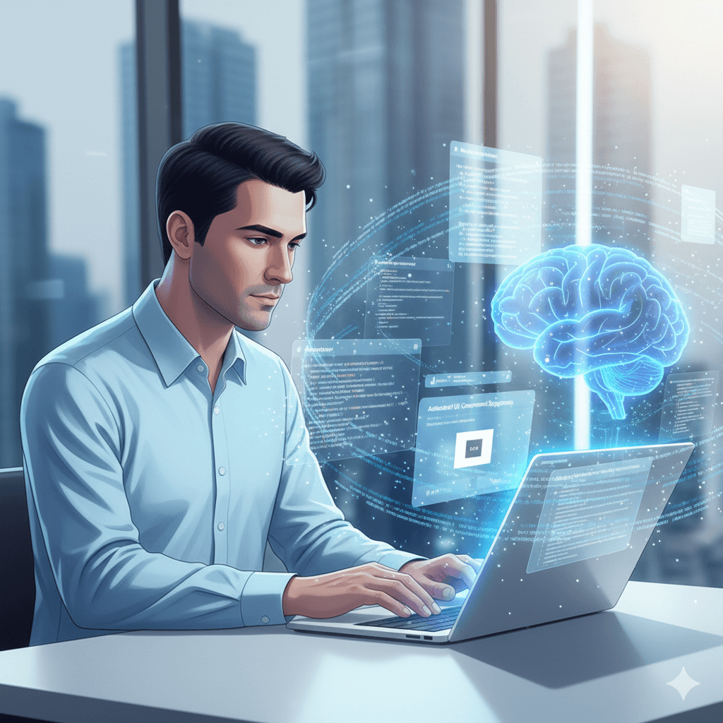 Developer using AI-powered coding assistant with automated code suggestions and smart UI generation tools.