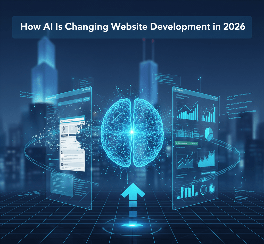 AI transforming website development in 2026 with neural network visualization, code snippets, and analytics dashboard elements.